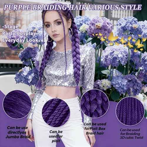 Purple Braiding Hair 30 Inch Pre Stretched Crochet Braiding Hair Extensions for Women 3 Packs, Purple Hair Extensions for DIY Cosplay Crtoon Character Ponytail Halloween Costumes (30 Inch-3 pcs)