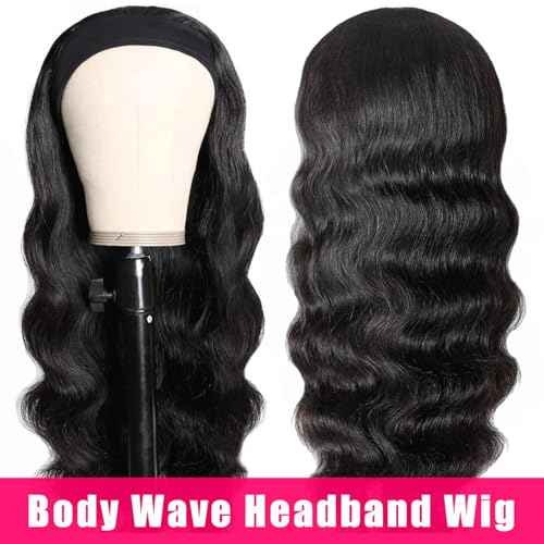 Human Hair Body Wave Headband Wig, 26 Inch, Black, Glueless, Wavy (loose waves), 21.75 Inch Cap Size