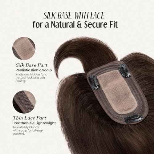 MY-LADY Human Hair Toppers for Women Real Human Hair with Bangs Thin 7 * 13CM Silk Base with Lace Clip in Remy Hairpieces 150% Density 16 Inch Dark Brown