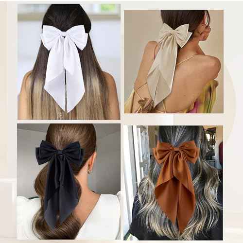 6Pcs Large Bows Hair Clips for Women Girls Long Tail Hair Ribbon Silky Satin Barrettes Coquette Bows Accessories (Black/khaki/Brown/White)