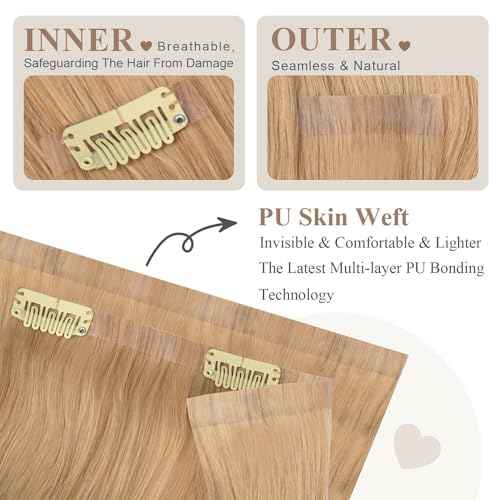 Seamless Clip in Hair Extensions 6pcs 120g, PU Real Human Hair Extensions Clip Ins Straight Dirty Blonde Hair for Women 24Inch, PU Clip-18# Dirty Blonde Straight, 6.0 Ounce