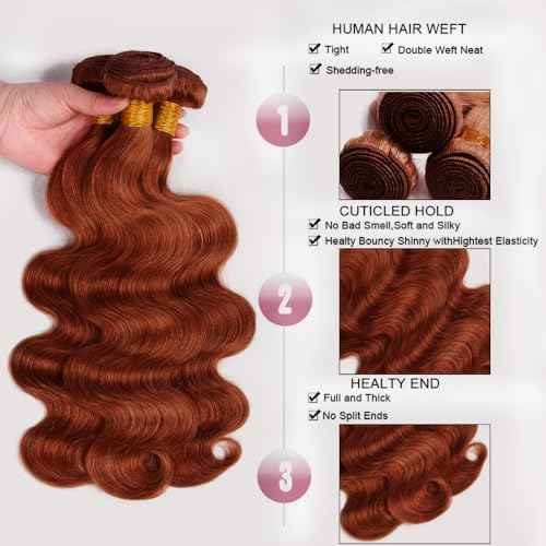 Copper Bundles Human Hair Color 33 Body Wave Bundles 22 24 26 Inch Double Weft Huxowax Peruvian Virgin Soft And Silky Remy Hair Extensions For Woman Auburn Body Wave Bundle 150g