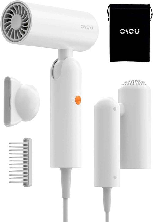 Travel Hair Dryer, Dual Voltage with Auto-Sensing, 1B Plasma Particles, 200times/s Temp Control, Portable Blow Dryer with Single-Sided Comb, White