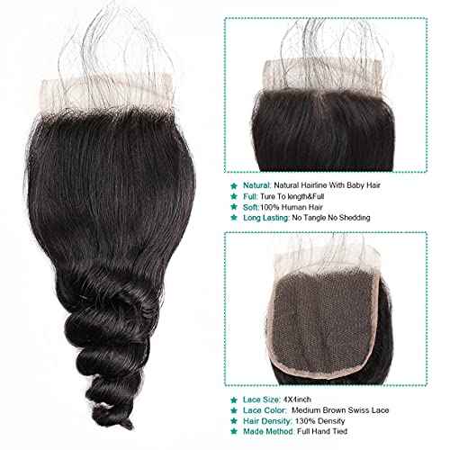 Brazilian Loose Wave 4x4 Lace Closure 100% Unprocessed Human Virgin Hair Pre Plucked Loose Deep Wave Pre-Plucked Hairline Frontal Closure Natural Black With Baby Hair (20inch, loose wave 4x4)