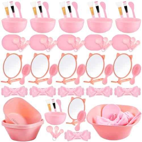 60 Pcs Spa Party Supplies for Women Pink Facial Mask Bowl Set with Facial Mask Bowls Spatula Brush Puff Measuring Scoop Basin Mirror Air Cushion Comb Headband Spa Birthday Party Favor