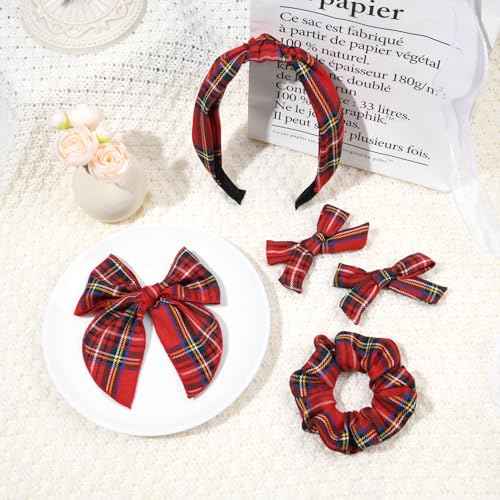 DEEKA School Uniform Plaid Hair Bows & Knotted Plaid Headband & Scrunchies Fable Hair Bow Set Alligator Clips for Toddler Girls Hair Accessories for Little School Girls (Christmas)