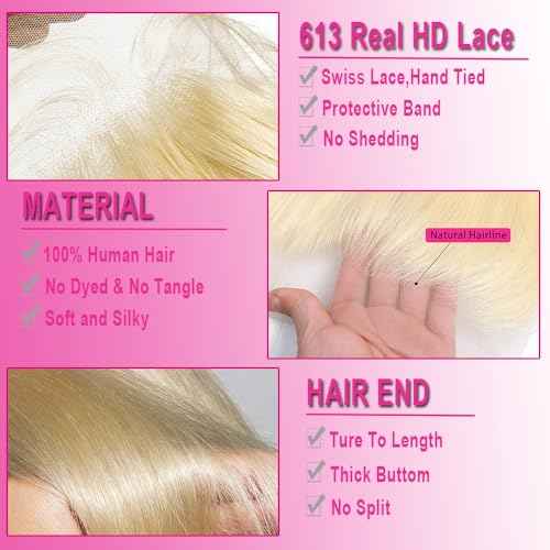 613 Frontal Straight 13x6 Transparent HD Lace Frontal Closure 12A Brazilian Virgin Remy Hair Free Part Ear to Ear Blonde Frontal Human Hair For Women Pre Plucked With Baby Hair 150% 16 Inch