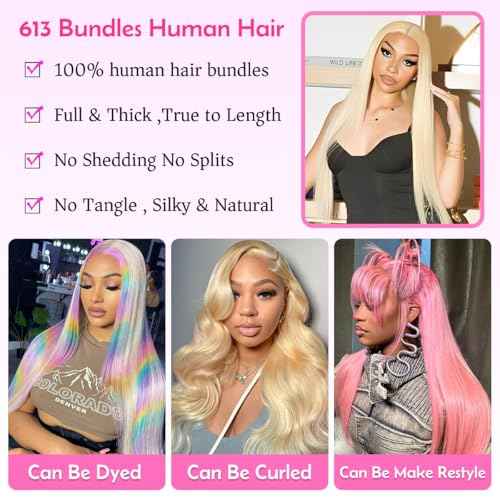 613 Straight Bundles Human Hair 16 18 20 Inch Blonde Bundle Human Hair 3 Bundles 14A Grade 100% Unprocessed Brazilian Virgin Raw Hair Weave Extensions for women 100g