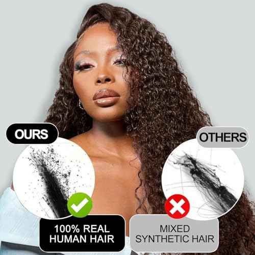 Full Deep Wave Lace Front Wigs Human Hair Chocolate Brown 220% Density 13x6 HD Lace Front Wigs Human Hair Pre Plucked Deep Curly Lace Frontal Wigs for Women Brazilian Virgin Hair 24inch