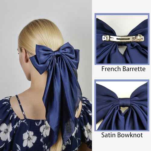 Large Navy Blue Satin Hair Bow Clip for Women Girls Oversized Long Tail Hair Accessory for Everyday Styling, 1-Pack