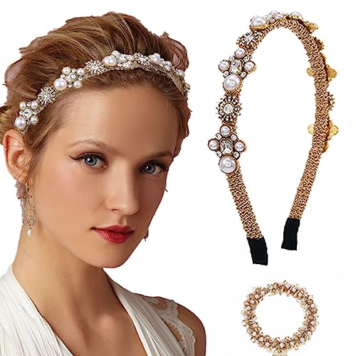 Coridy Thin Gold Headbands for Women Pearl Rhinestones Hairbands with Beaded Hair Ties Baroque Bejeweled Head Bands for Wedding Party Holiday (Charming)