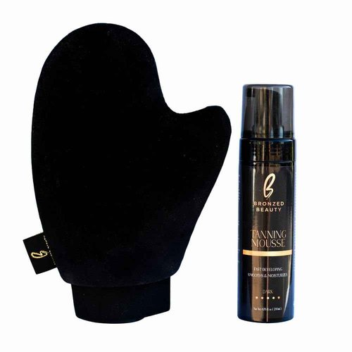 Bronzed Beauty Dark Tanning Mousse Kit – 6.7fl oz Self-Tanning Mousse with Mitt Bundle – Deep Natural Bronze Shade – Stain-Free, Even Application – Nourishing Self Tanner with Vitamin E and Aloe Vera