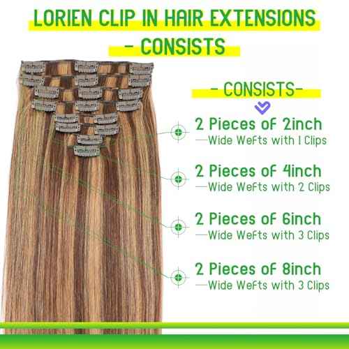 LORIEN Clip in Hair Extensions Real Human Hair, 14 Inch 80g, 4/27 Chocolate Brown to Caramel Blonde Color, Clip in 100% Brazilian Remy Human Hair Extensions 8pcs Per Set with 18 Clips Double Weft