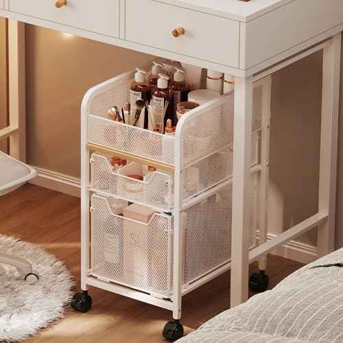 Rolling Makeup Cart Organizer with 2 Drawers, Narrow Floor Skincare Organizers, Vanity Organizer Cosmetics Display Cases Holder for Skin Care Nail Polish Perfume Makeup Brush, White