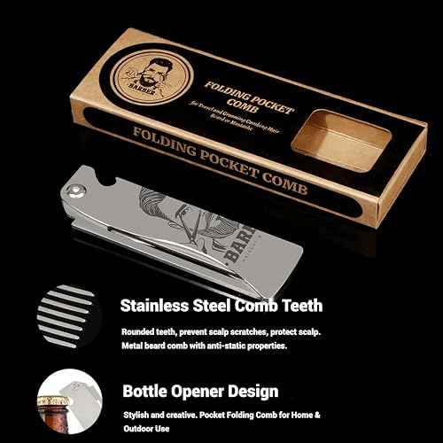 Metal Hair & Beard & Mustache Comb, Multifunctional Folding EDC Pocket Comb With Bottle Opener - Anti-Static for Travel and Everyday Grooming Styling - Silver