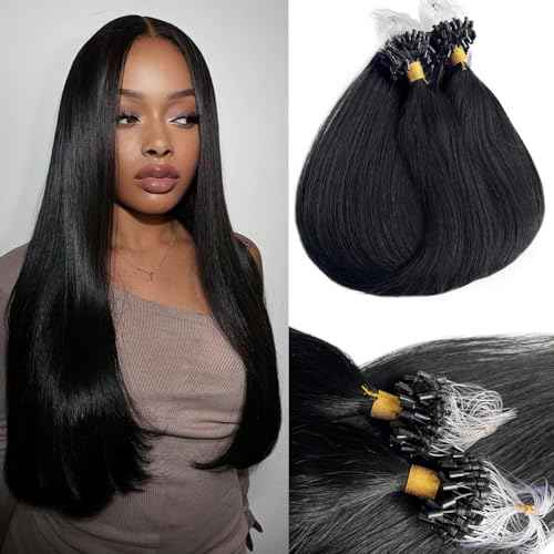 Microlink Hair Extensions Human Hair Jet Black Micro Beads Extensions for Black Women 26 Inch Long Soft Real Human Hair Straight Natural Color Micro Ring Extension Bundle No Weft No Glue 50s 50g