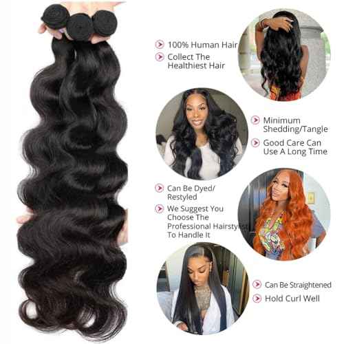 Beautymoon Brazilian Human Hair Weave 3 Bundles Body Wave 12 14 16 Inch 100% Unprocessed Virgin Hair Extensions Tangle-Free Natural Color for Black Women