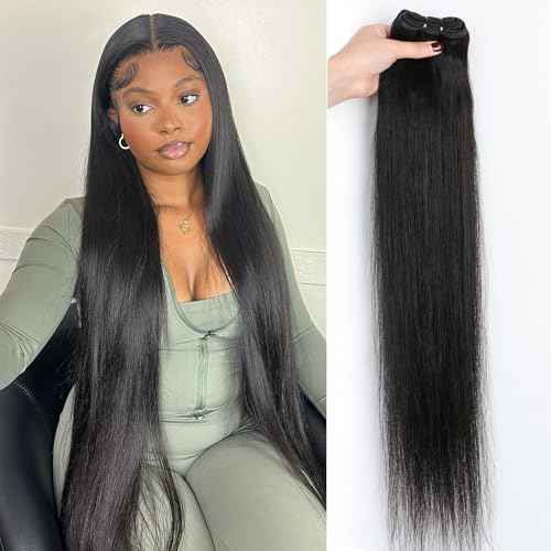 16A Brazilian Straight Human Hair Bundles | 34" Unprocessed Virgin Remy Hair Extensions | Single Bundle Raw Hair with Double Weft, No Shedding, Natural Black