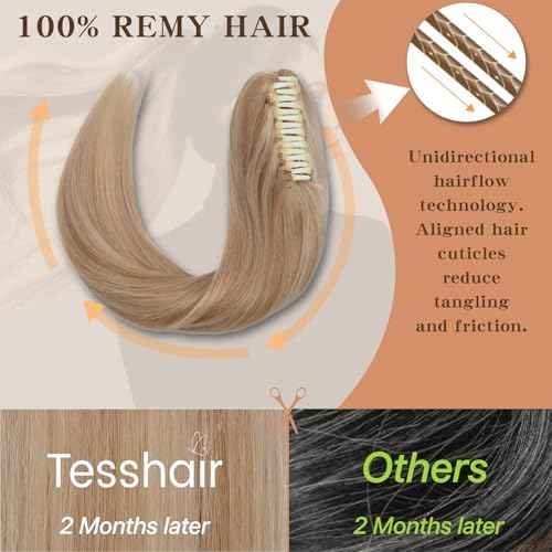 Claw Clip In Ponytail Extension, 100% Human Hair Ponytail Extension, No Tangle & Smooth, 105g, 16 Inch #Blonde & Bleach Blonde