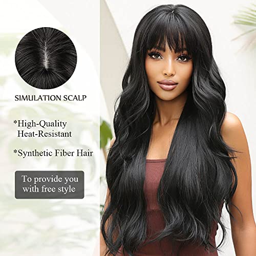 OUFEI Long Wavy Brack Wigs for Women Natural Synthetic Hair Heat Resistant Wigs for Daily Party Cosplay Wear-28 Inches