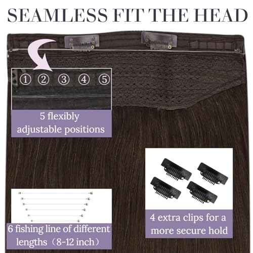 Fshine Invisible Wire Hair Extensions Real Human Hair 20 In Dark Brown Layered Hairpiece Wire Hidden Human Hair with Adjustable Fish Line 80 G Clip ins Straight Hair