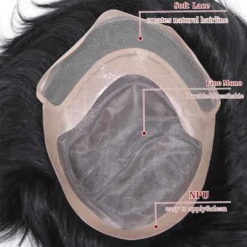 Toupee for Men Human Hair Mens Toupee Mono Base with Lace Front Hair Units Curly Wave Mens Wigs Toupee Hair Real Human Replacement System for Man Freestyle Natural Wig #1B Off Black (6x8")
