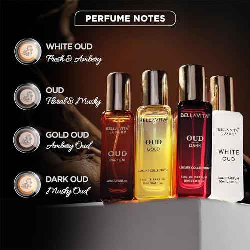 BellaVita Luxury OUD Experience Gift Set (4x20ml) ? Premium Arabic Unisex Perfumes | Includes Gold, Dark & White OUD | Notes of Caramel, Orris, Vetiver & Citrus