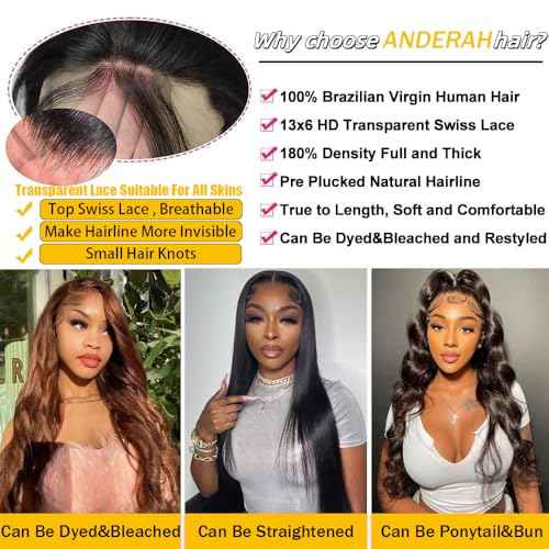 Anderah 13x6 Body Wave Lace Front Wigs Human Hair 13x6 HD Lace Glueless Human Hair Wig Pre Plucked Natural Hairline Brazilian Human Virgin Hair Long Black Body Wave Wig for Women 180% Density 30Inch