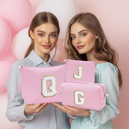Initial Gifts Travel Cosmetic Makeup Pouch Bags Sets for Purse, 3pcs Stoney Clover Dupes Pouch Makeup Bag, Personalized Cosmetic Bags Set for Women, Make up Bag for Teen Girls 13 14 15 16 17 (A, Pink)