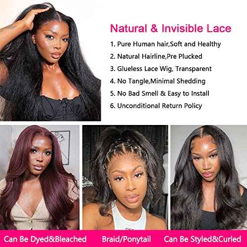 GOLFMAX Kinky Straight Lace Front Wigs Human Hair Pre Plucked With Baby Hairs 180% Density Yaki Straight 13x4 Transparent HD Glueless Lace Wig Human Hair Wigs For Black Women 24 Inch