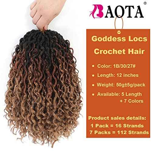 Goddess Locs Crochet Hair 7 Packs Crochet Hair for Black Women Ombre Pre-looped Faux Locs With Curly Ends Synthetic Hair Extension 12 Inch (1B/30/27#)