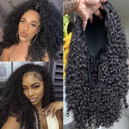 BLG Burmese Curly Half Wig Human Hair 300% Density 3 In 1 Human Hair Half Wigs for Women 16 Inch Curly Seamless Wear and Go Glueless Drawstring Wig Natural Color Quick Install Beginners Friendly Wigs