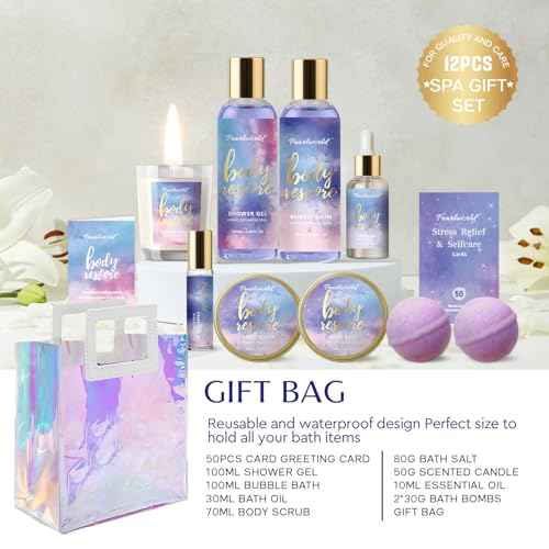 Spa Kit for Women, 12 Pcs Luxury Bath Skin Care Shower Bath Set, Spa Gift Sets with Reusable Bag, Bath Bomb, Christams Birthday Gifts for Teen Girls, Her, Mom