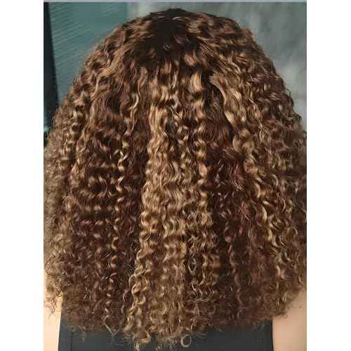 ISEE M-Cap Kinky Curly Wear Go Glueless Wigs Human Hair Pre Plucked Pre Cut Bleached Knots 9x6 HD Lace Glueless Human Hair Wigs For Women (Highlight Ombre, 12 Inch)