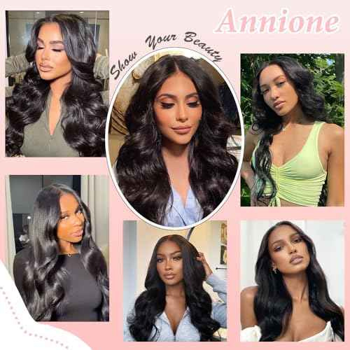 annione 24 Inch 13x6 Lace Front Wigs Human Hair 200% Density Real Human Hair Wig Body Wave HD Lace Frontal Wigs Pre Plucked Transparent Lace Natural Black for Women