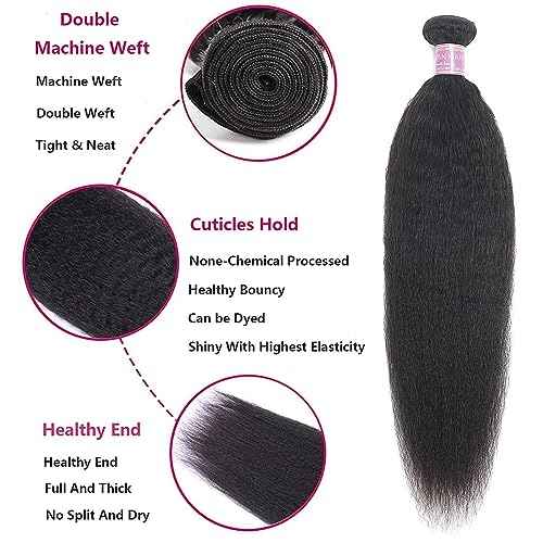 Kinky Straight Human Hair Bundles With 4x4 Lace Closure Free Part 16 16 16+14 Inch Natural Black 100% Unprocessed Brazilian Virgin Yaki Straight Hair Extensions (16 16 16+14Closure)