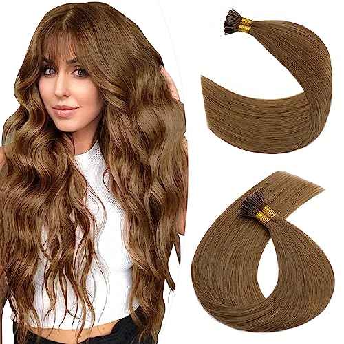 Hairro I Tip Hair Extension For Women Pre Bonded Cold Fusion Human Hairpiece Keratin Stick Tipped Hair Pieces Silky Straight Microlink Itip Hair Extensions 22" 100 Strands 50g #06 Light Brown