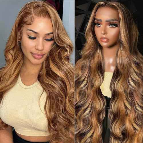 Ombre Lace Front Wig Human Hair 4/27 13x4 HD Body Wave Highlight Lace Front Wig Human Hair Pre Plucked With Baby Hair 180% Density Glueless Lace Front Wigs Human Hair28 Inch