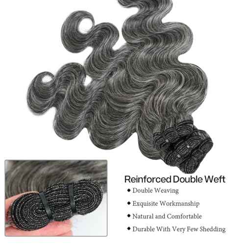 Salt and Pepper Human Hair Bundles 10 12 14 inch Natural Gray Body Wave Bundles Human Hair 12A Grey-White Quick Weave Hair Extensions Double Weft