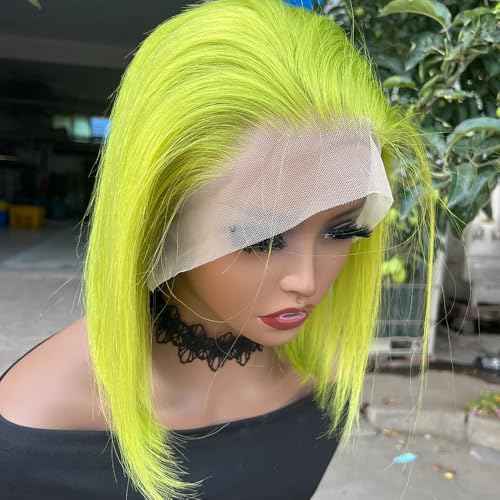 Green 13x4 Bob Straight Lace Front Wigs Human Hair 180 Density UHD Transparent Lace Front Wigs Human Hair Pre Plucked Pre Cut Lace Glueless Wig Virgin Colored HumanHair Wigs For Women 14Inch