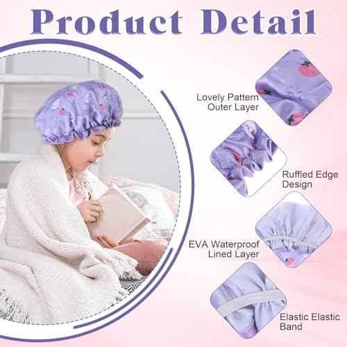 TIESOME Kids Shower Caps, 2 PCS Pink & Purple Waterproof Double Layers Shower Caps Cute Rabbit Bonnets Elastic Band Bonnet Satin and Eva Soft Sleeping Cap Reusable Cap for Kids