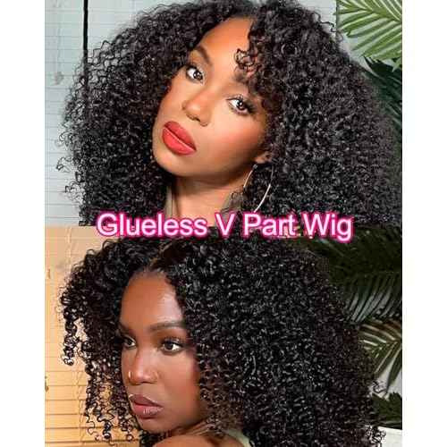 V SHOW Curly V Part Wig Human Hair Upgrade U Part Wig Human Hair Wigs for Women Glueless V Shape Wig Afro Curly Wigs No Leave Out 180% Density Natural Color 18Inch