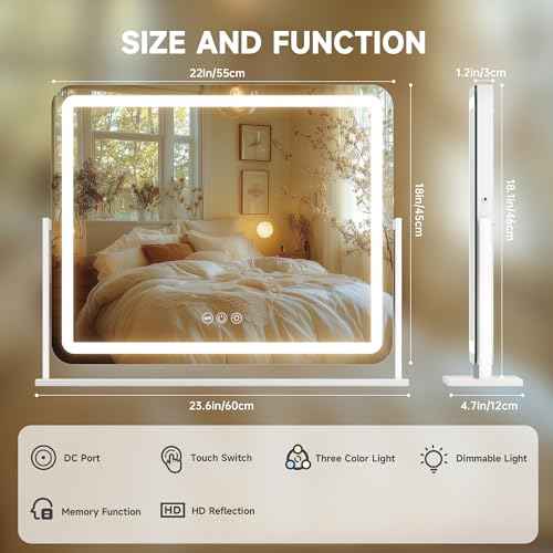 Hasipu Vanity Mirror with Lights, 22" x 18" LED Makeup Mirror, Light up Mirror with Smart Touch 3 Colors Dimmable, Brightness Adjustment, 360¡Æ Rotation (White)