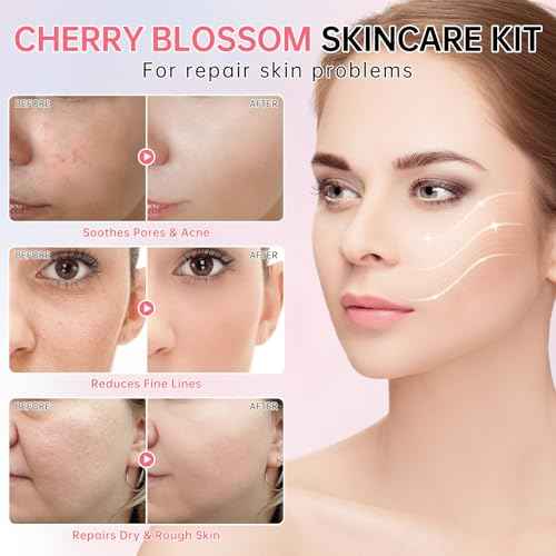 Sakura Skin Care Set for Teen Girls, Cherry Blossom Skincare Gift Set for Teens & Women, Moisturize & Repair Skin, 6 Pcs Collagen Skin Care Kits with Cleanser, Toner, Lotion, Serum, Cream & Eye Cream