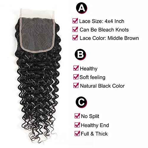 Aatifa Brazilian Virgin Deep Wave 3 Bundles with Closure 9A Grade Unprocessed Human Hair with 4x4 Lace Closure Free Part Natural Color, lace closure, (18/20/22+16 Inch)