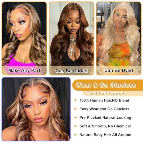 4/27 Highlight HD Lace Front Wigs Human Hair Pre Plucked 13x4 Body Wave Frontal Wig with Baby Hair 180% Density Ombre Brown and Honey Blonde Human Hair Wigs for Black Women 22 Inch
