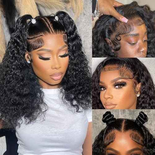Deep Wave Lace Front Wigs Human Hair 200 Density 13x6 HD Transparent Wet and Wavy Wigs for Women Curly Lace Front Wigs Pre Plucked with Baby Hair Natural Color