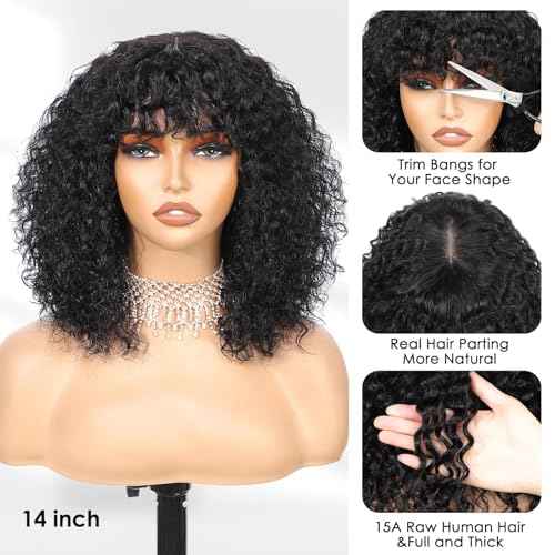 15A Raw Human Hair Wig with Bangs 4x2 Lace Short Water Wave Curly Glueless Wigs Layered Bob Wig Human Hair 180% Density Ready to Wear Wigs Glueless Human Hair for Women (14 Inch 1B Black)