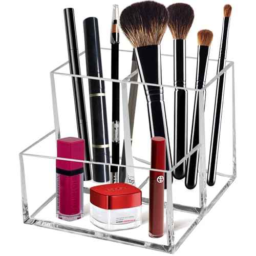 Clear Acrylic Makeup Brush Organizer,Multi-Purpose Cosmetic Brushes Storage Holder with 3 Slots,Pencil Pen Holder for Desk,Desk Organizer and Accessories for Vanity