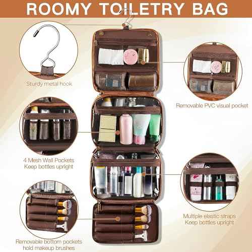 Elviros Hanging Toiletry Bag for Men Travel Essentials 3-in-1 Large Waterproof Dopp Kit PU Leather Shaving Bag with Separate Compartments for Grooming and Toiletries Mens Gift